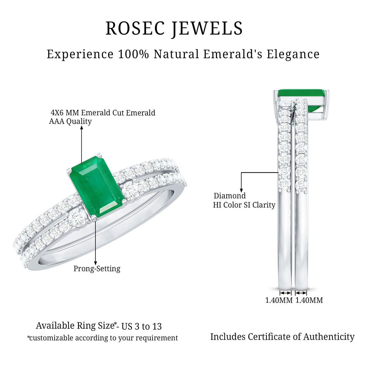 Emerald-Cut Emerald & Diamond Bridal Set with Cuff-Style Band