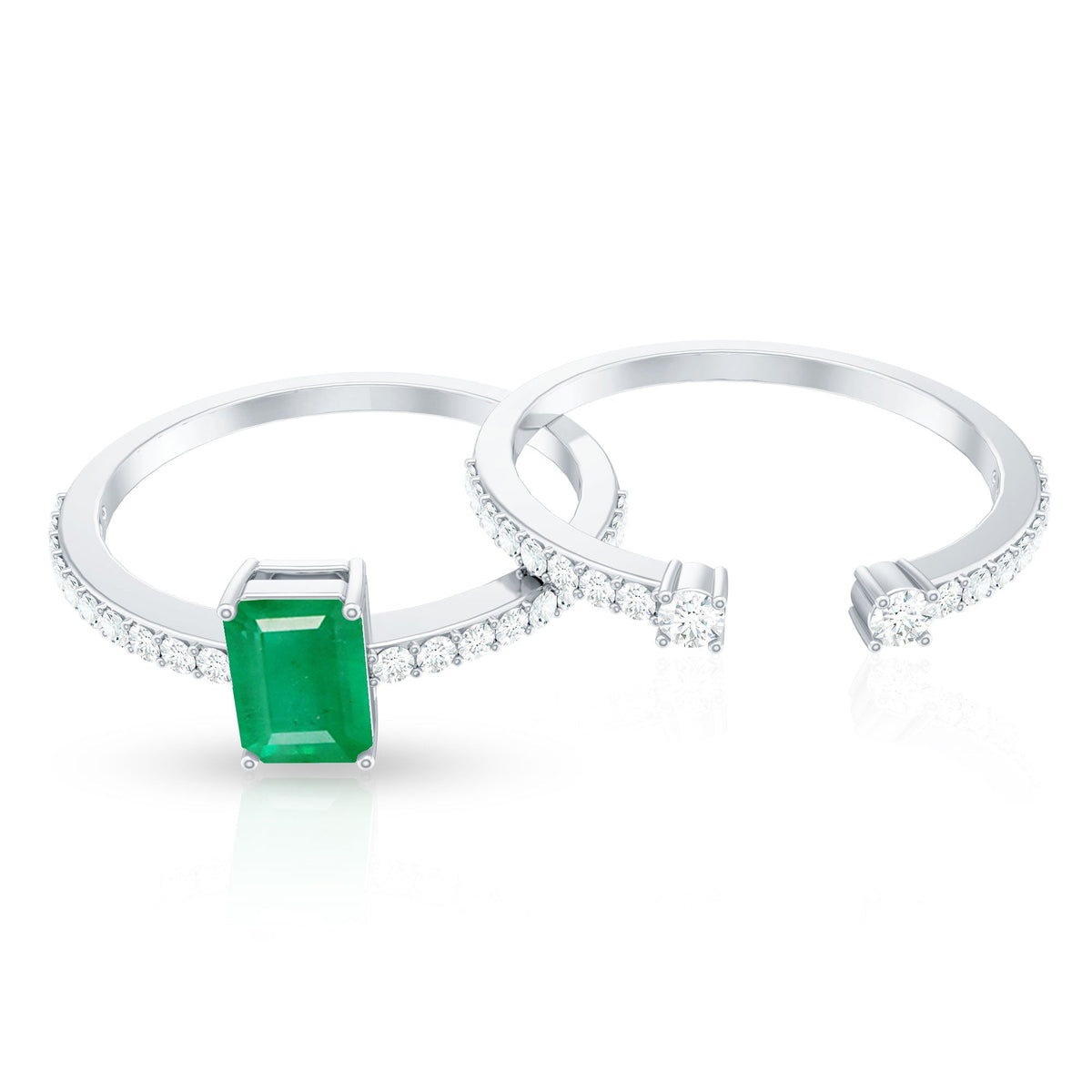 Emerald-Cut Emerald & Diamond Bridal Set with Cuff-Style Band