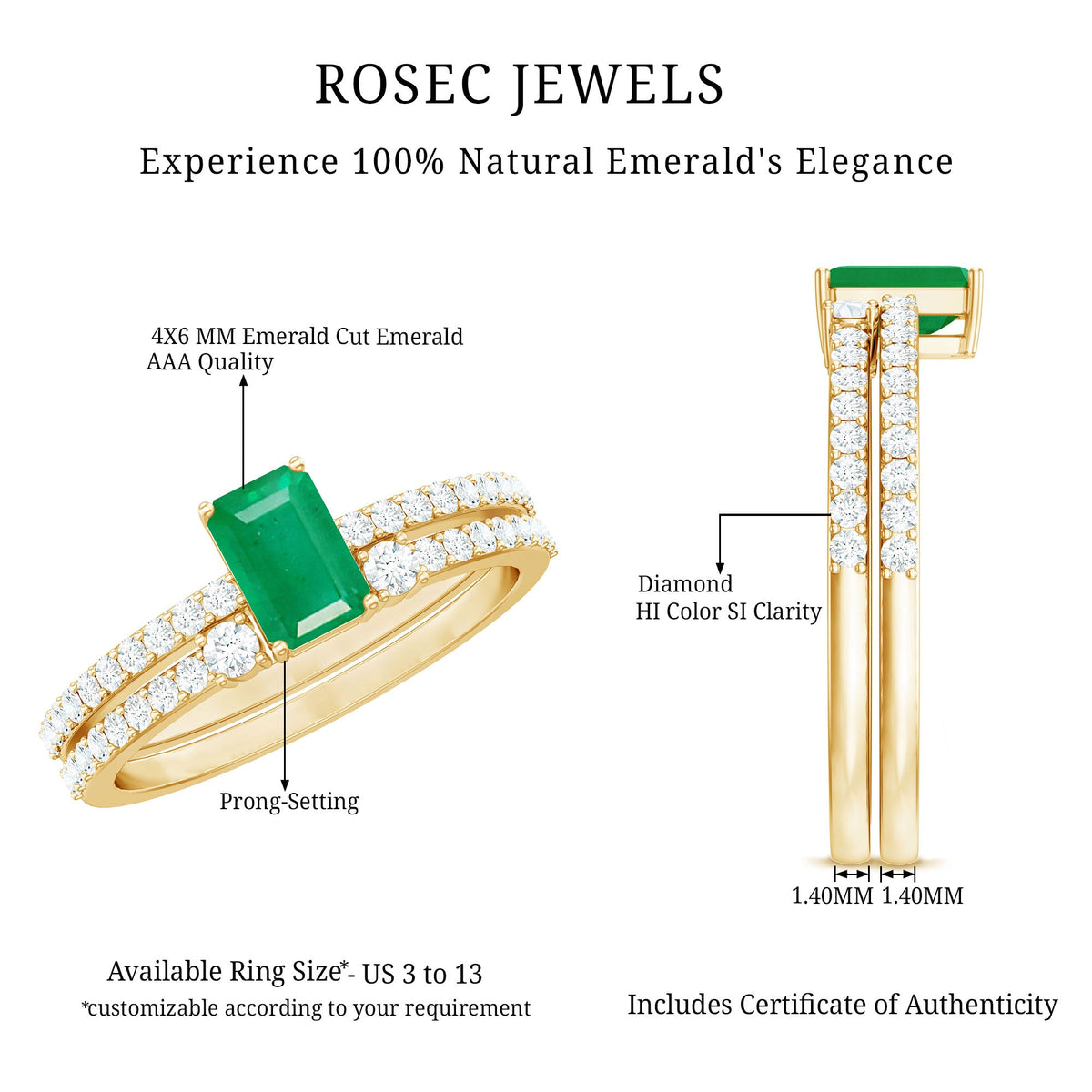 Emerald-Cut Emerald & Diamond Bridal Set with Cuff-Style Band