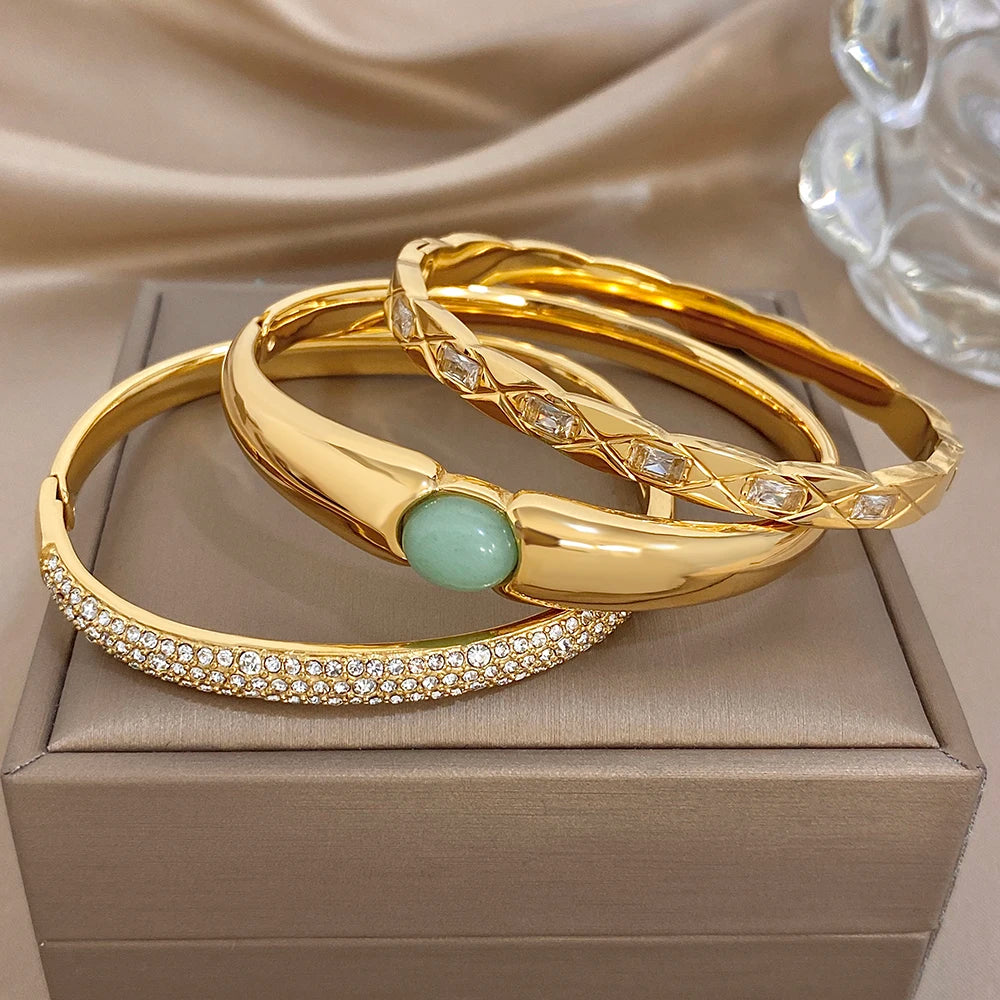 Vintage Gold Plated Stainless Steel Cuff Bangle for Women Men Glossy Geometric Zircon Wide Bracelets Waterproof Jewelry