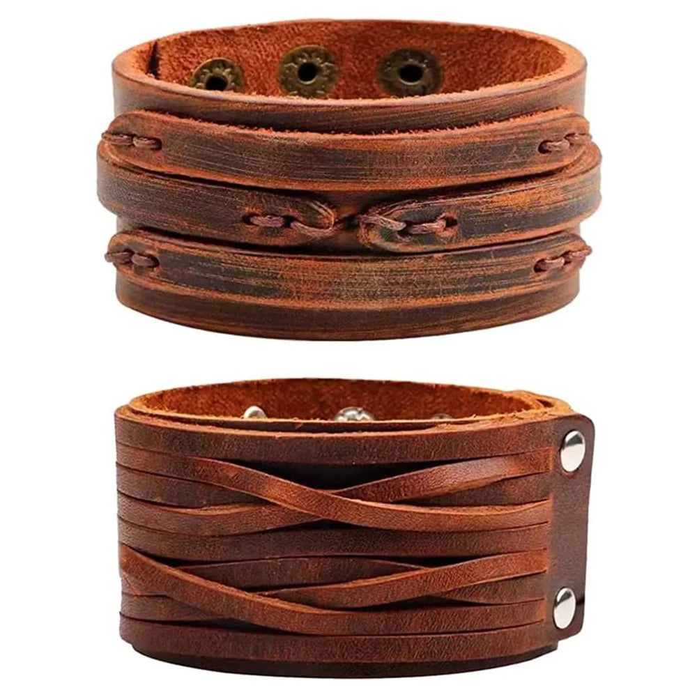 2 Pcs Punk Leather Cuff Bracelet Adjustable Straps Wrap Bracelets Cuff Gothic Leather Wristbands for Men, Women