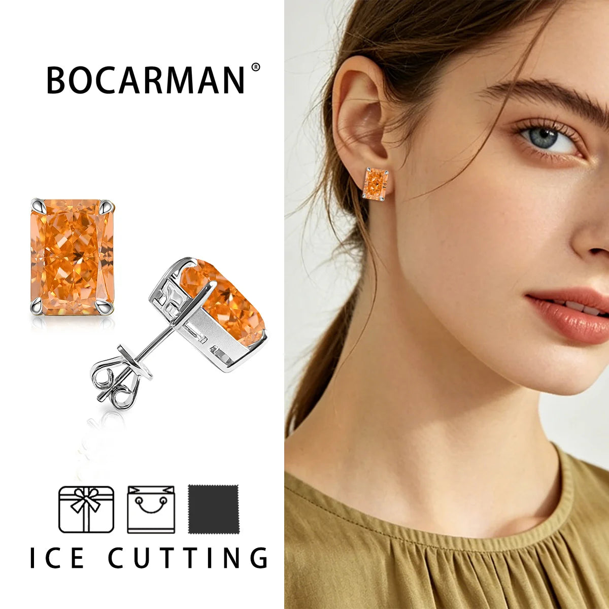 Bocarman Rectangular Ice Cut Mint Green Zircon Stud Earrings S925 Sterling Silver Rhodium Plated Fine Jewelry 8x10mm