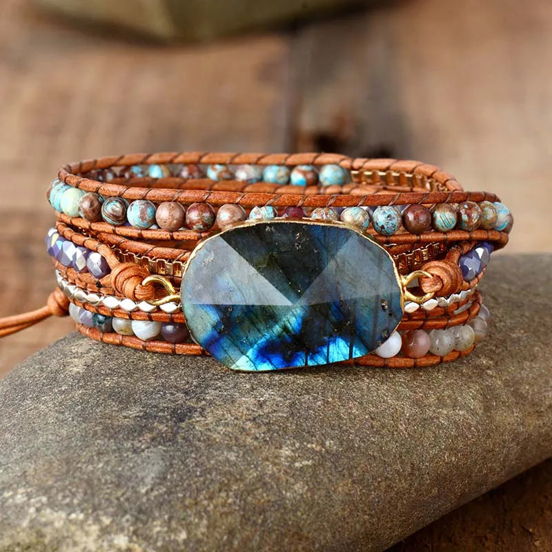 Premium Women Wrap Bracelet Labradorite Natural Stones 5 Times Leather Strap Bracelets Multilayers Beadwork Bracelet Dropship