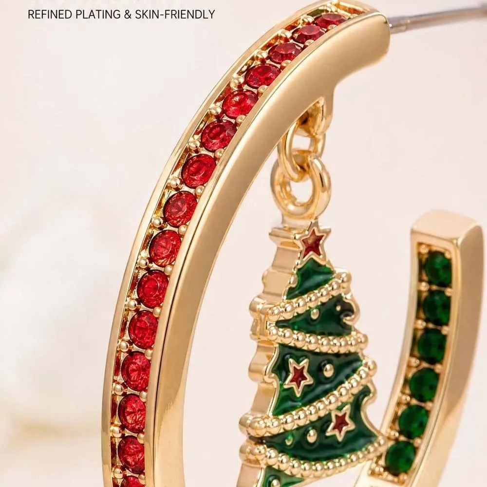 Luxury Style Christmas C Earrings Gorgeous Appearance Durable Alloy Xmas Tree Studs Exquisite Shiny Crystals Winter Hoop Jewelry