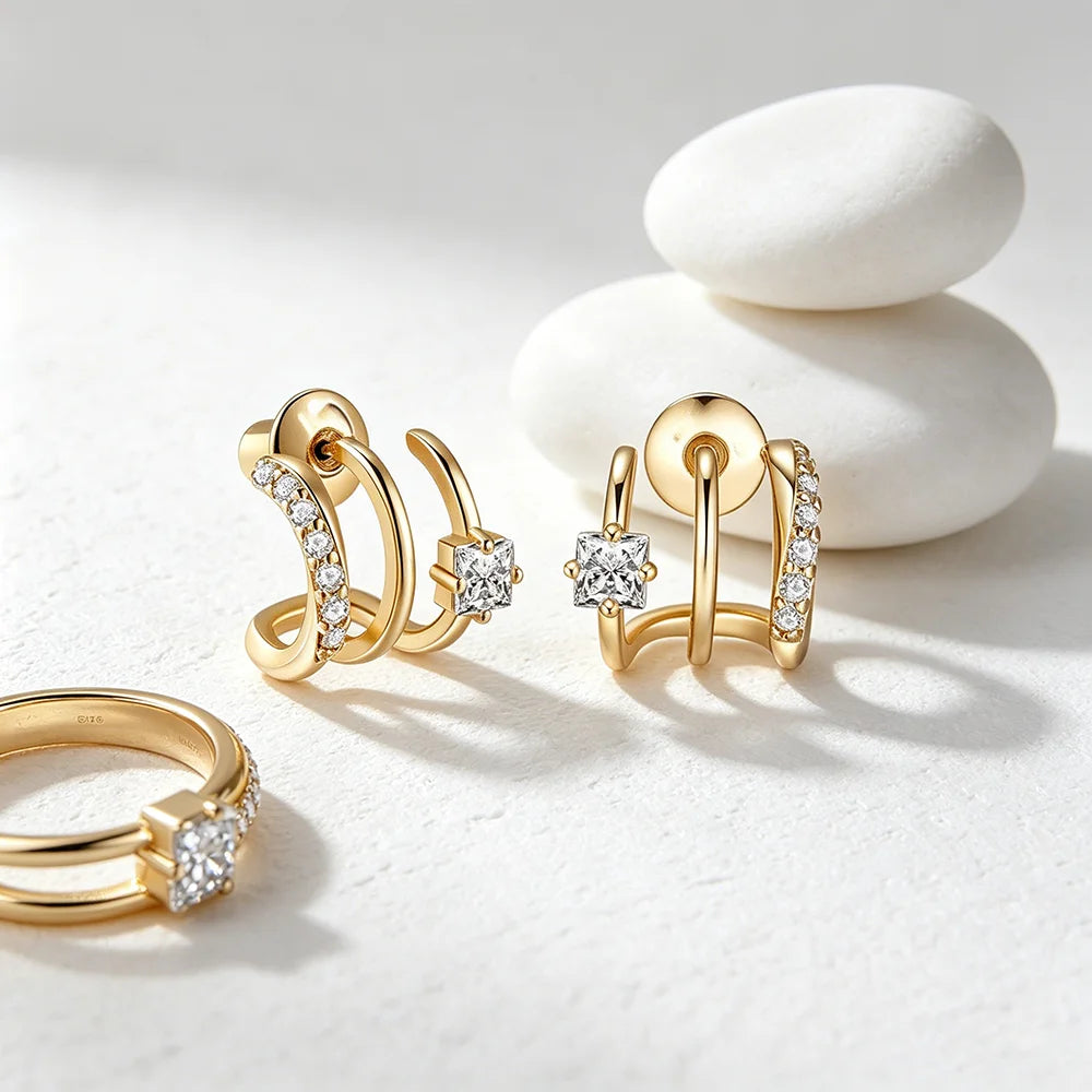 VOBIPY Triple Huggie Illusion Hoop Earrings 18K Gold Plated Stainless One Hole Claw Ear Cuff Earring For Women Jewelry Gift