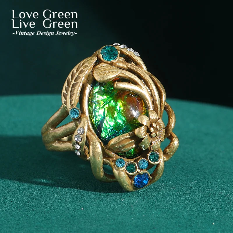 Vintage Green Abalone Shell Opal Rings Flower Branch Bohemia Antique Gold Color Luxury Jewelry For Women Accessories Wedding