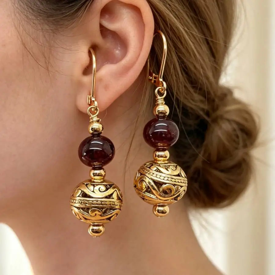A Pair Garnet Ellipse Beads Gemstone Earrings 18K Eardrop Handmade Luxury Aurora Women Earlobe Accessories Mesmerizing Jewelry