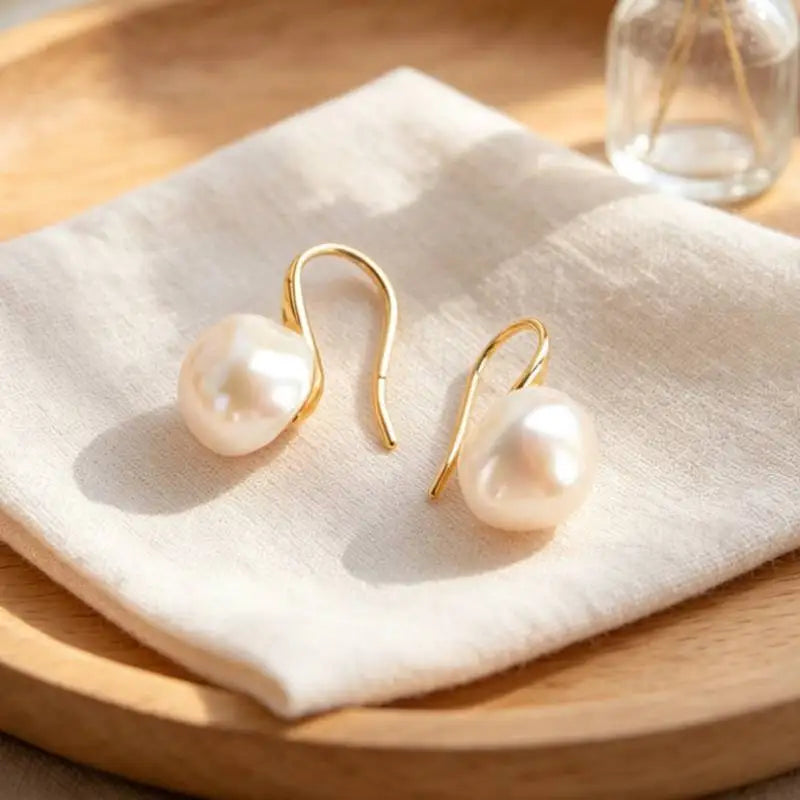 10-12mm white baroque pearl earrings 18K gold-plated hook gold  chic teardrop elegant dangler natural earbob