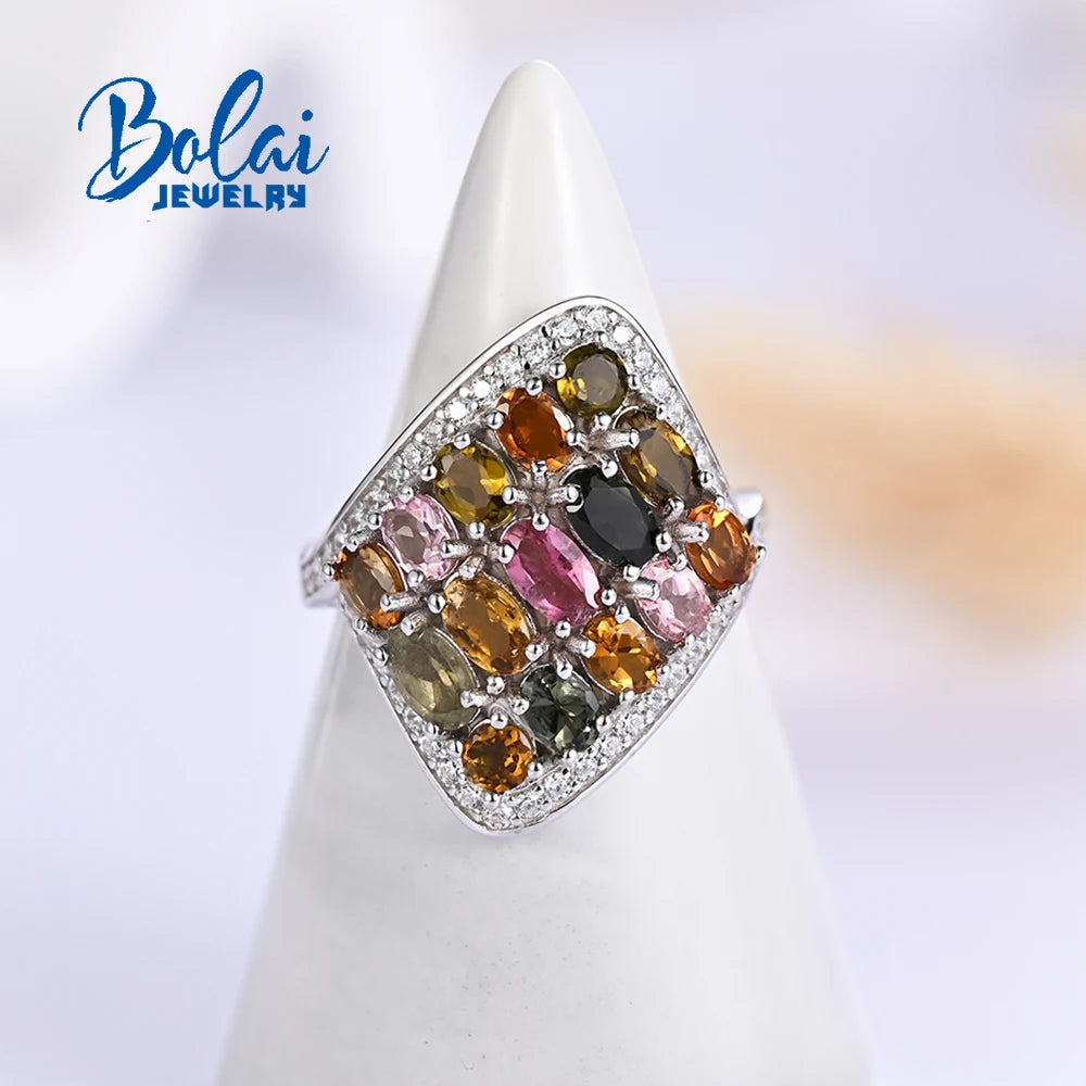 Luxury 925 sterling Silver Ring Natural Multi-Tourmaline Women's fineJewelry Party Gift Bolaijewelry