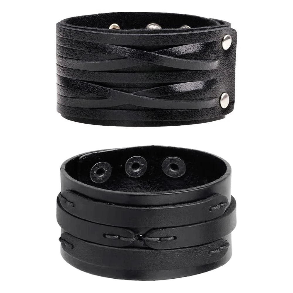 2 Pcs Punk Leather Cuff Bracelet Adjustable Straps Wrap Bracelets Cuff Gothic Leather Wristbands for Men, Women