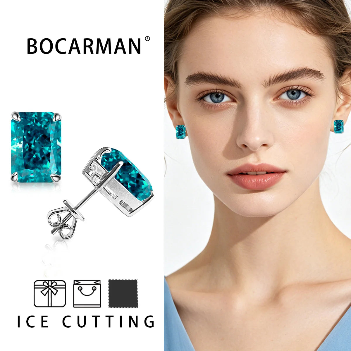 Bocarman Rectangular Ice Cut Mint Green Zircon Stud Earrings S925 Sterling Silver Rhodium Plated Fine Jewelry 8x10mm