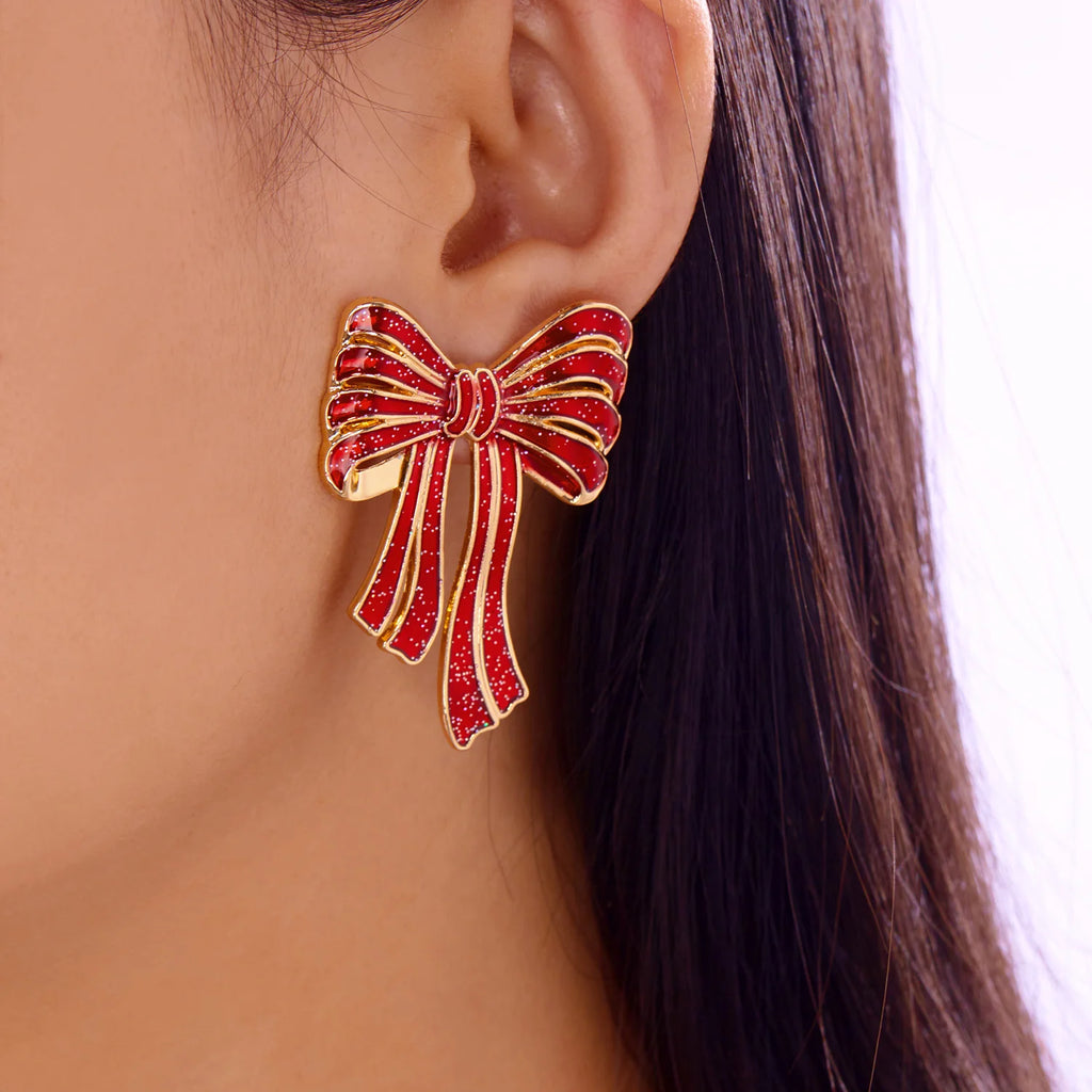Christmas Red Bow Dangle Earrings Stud For Women Cute Rhinestone Shoes New Year Party Jewelry Xmas Gifts