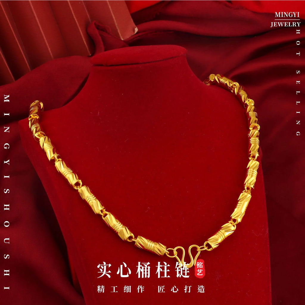 9999 24K real gold cylindrical double bamboo necklace real gold men's and women's solid color bamboo necklace gold jewelry