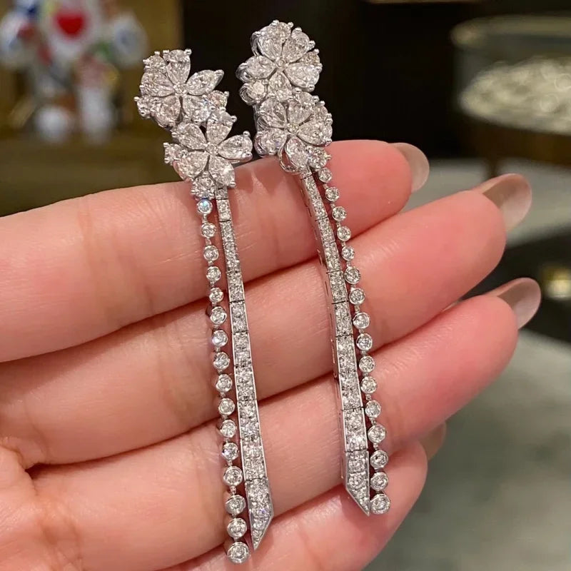 BELLUX Fashion White Cherry Blossom Long Necklace Earrings Bracelet Tassel Flower Jewelry Set S925 Silver Synthetic Zircon