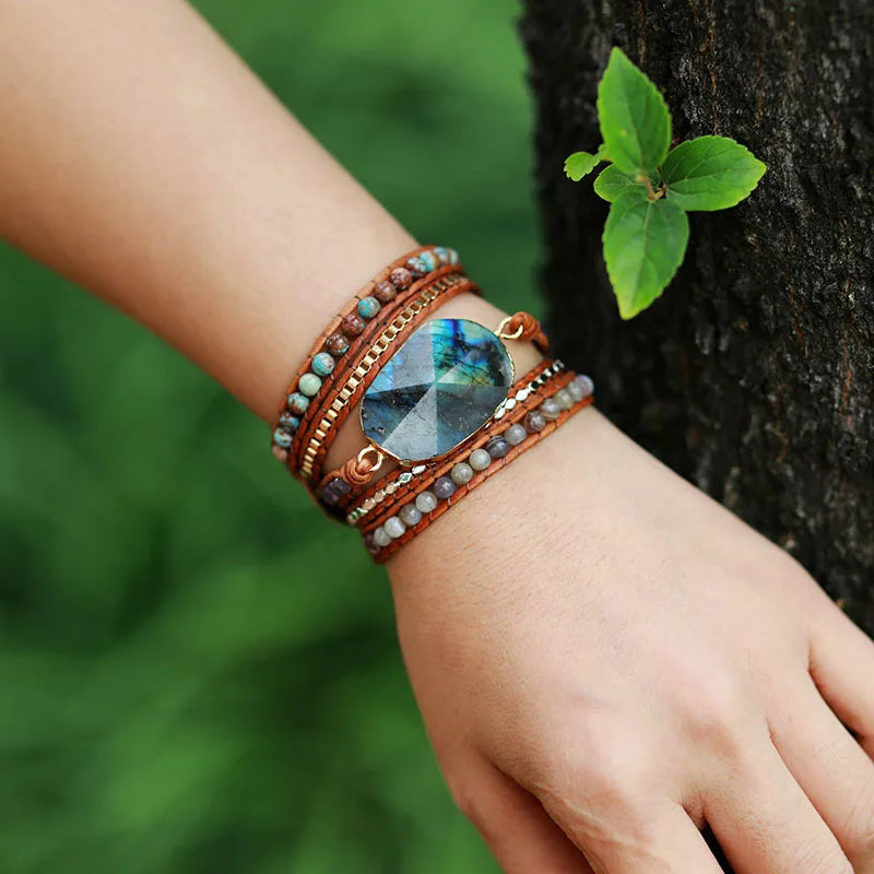 Premium Women Wrap Bracelet Labradorite Natural Stones 5 Times Leather Strap Bracelets Multilayers Beadwork Bracelet Dropship
