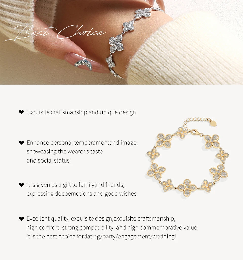 ATTAGEMS Plants Eternity Moissanite Bracelet for Women 925 Sterling Silver Adjustable Classical Tennis Chain Trendy Fine Jewelry