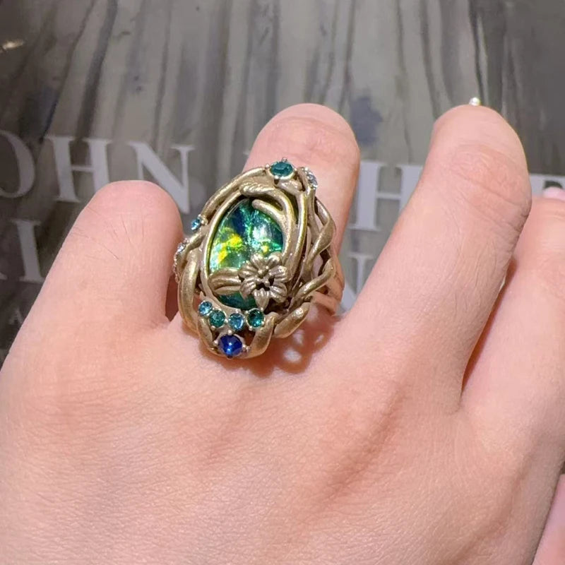 Vintage Green Abalone Shell Opal Rings Flower Branch Bohemia Antique Gold Color Luxury Jewelry For Women Accessories Wedding