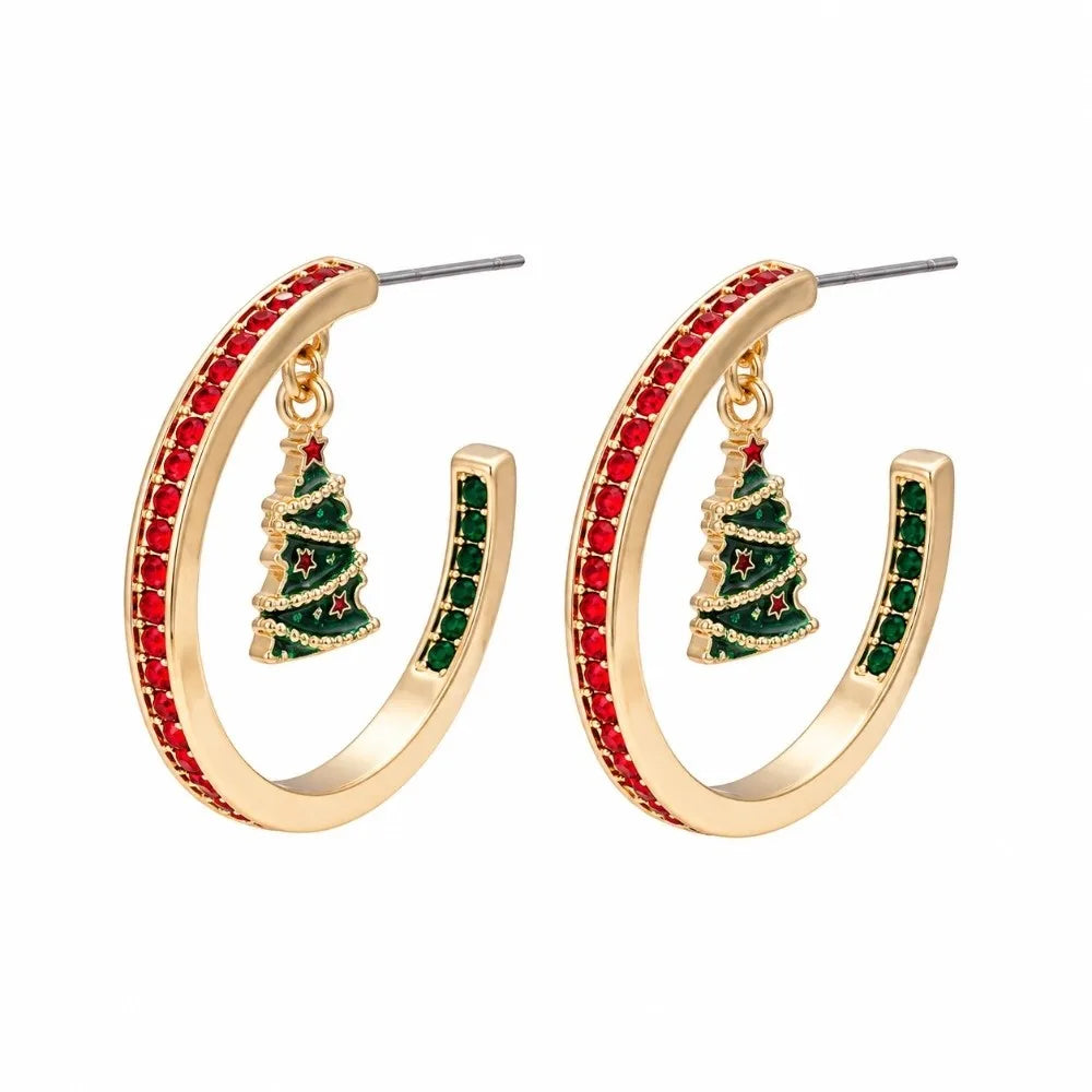 Luxury Style Christmas C Earrings Gorgeous Appearance Durable Alloy Xmas Tree Studs Exquisite Shiny Crystals Winter Hoop Jewelry