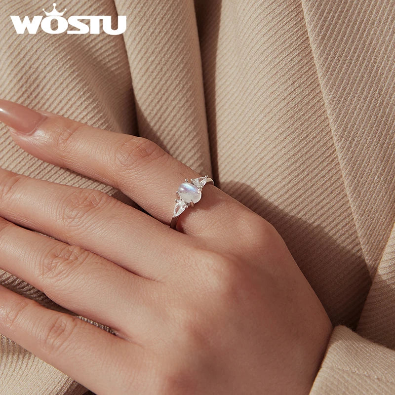 WOSTU 925 Sterling Silver Natural Oval Moonstone Ring For Women, Rainbow Three Stone Rings Engagement Anniversary Jewelry Gift