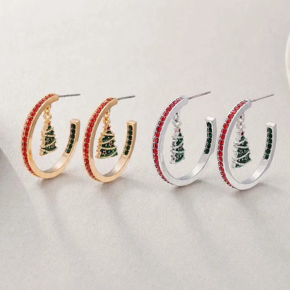 Luxury Style Christmas C Earrings Gorgeous Appearance Durable Alloy Xmas Tree Studs Exquisite Shiny Crystals Winter Hoop Jewelry