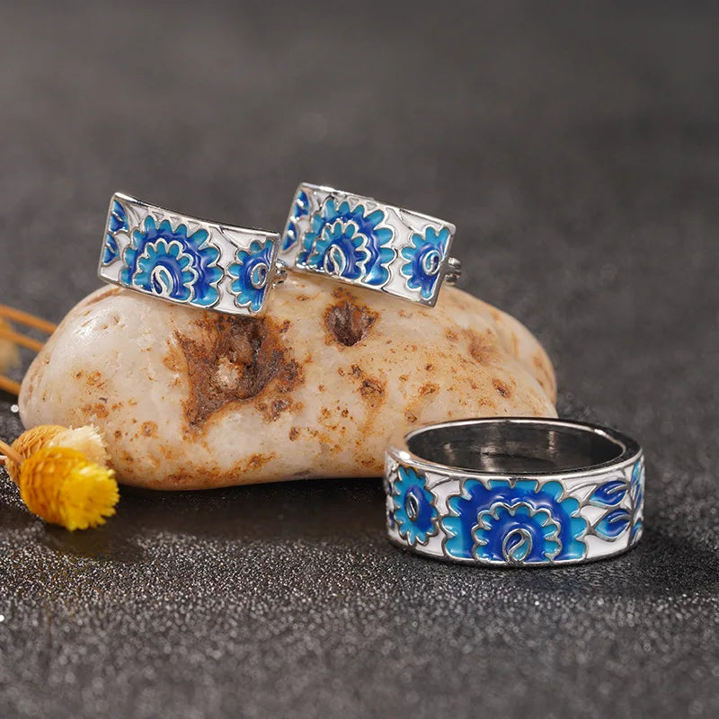 European and American Design High-end Luxury Enamel Earrings+rings, Wedding Parties, Bride's Wedding Accessories