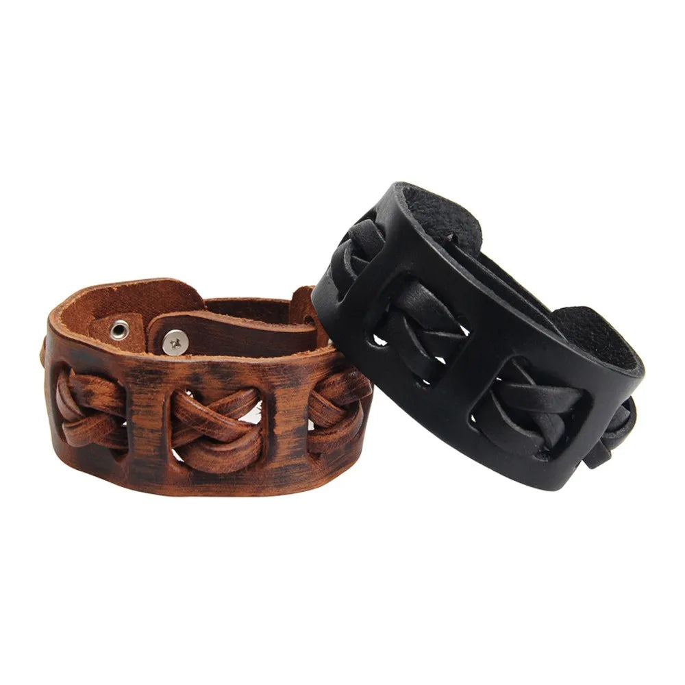 2 Pcs Punk Leather Cuff Bracelet Adjustable Straps Wrap Bracelets Cuff Gothic Leather Wristbands for Men, Women
