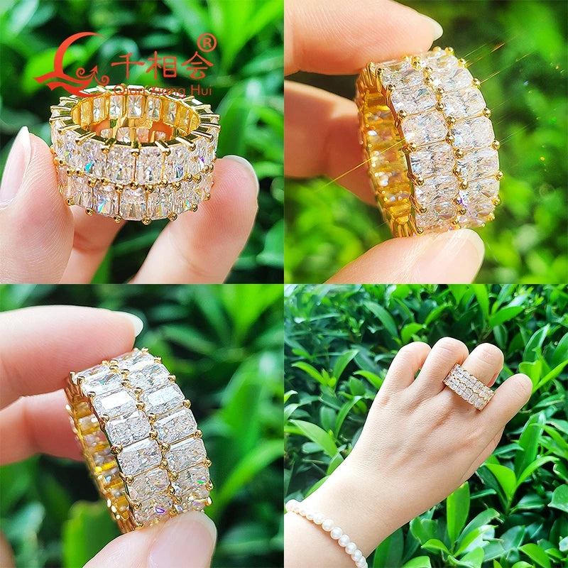 12mm width 4*6mm radiant shape double raws Full Eternity Ring Silver Moissanite Ring Men women wedding datting gift fine Jewelry