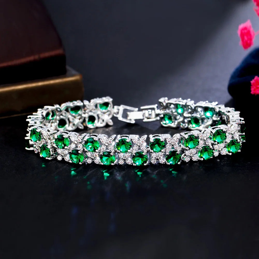 Pera Elegant Leaf and Oval Chain Link Silver Color Red Green Cubic Zirconia Bracelets for Women Fashion Jewelry Accessories B084