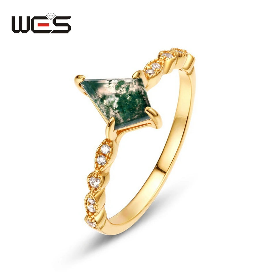WES 100% 925 Sterling Silver Natural Crystal Moss Agate Jewelry Set for Woman Gold Plated Wedding Lady Gift Fine Jewelry