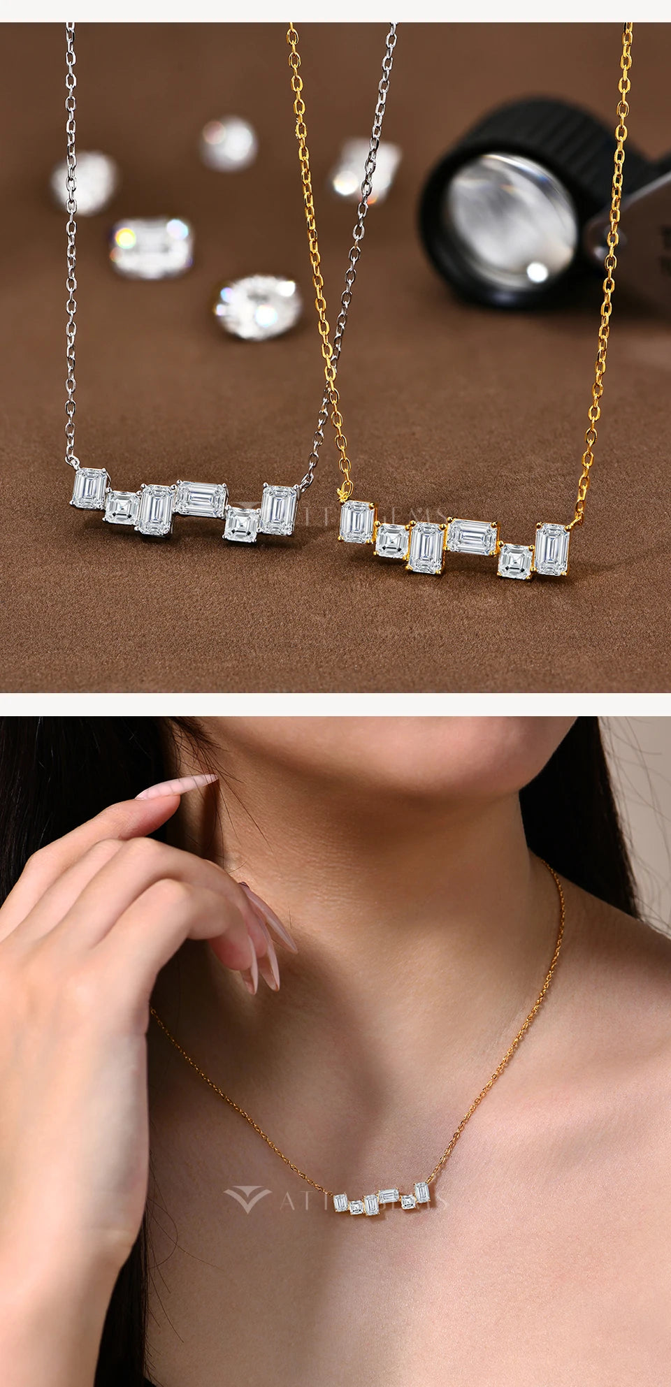 ATTAGEMS Baguette Emerald Cut Moissanite Jewelry Set for Women Rings Earrings Necklace S925 Sterling Silver 3 Piece Wedding Gift