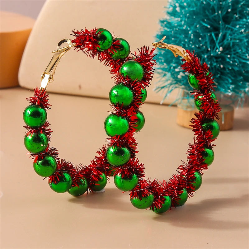 Fashion Handmade Merry Christmas Wreath Circle Hoop Earrings for Women Girls New Year Festival Jewelry Gifts