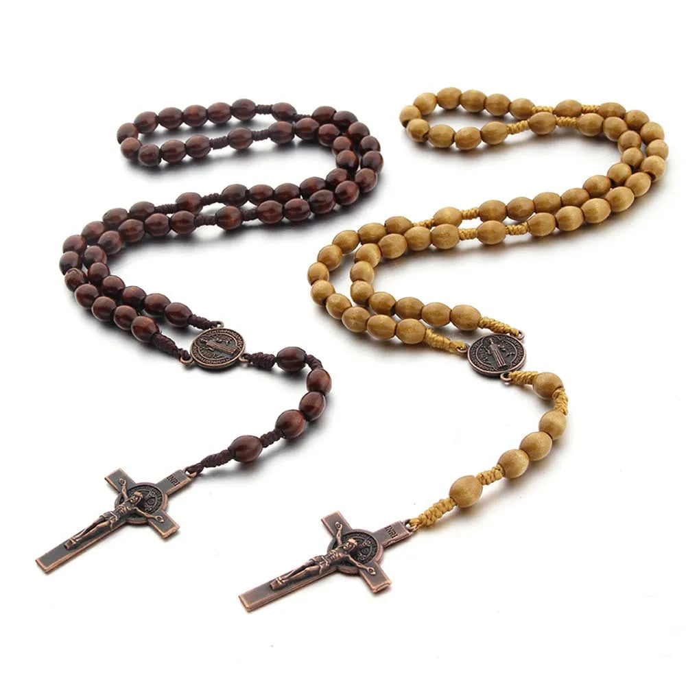 Handmade Wood Beads Rosary Necklace For Women Men Crucifix Cross Pendant Long braided Rope Chain Religious Prayer Jewelry
