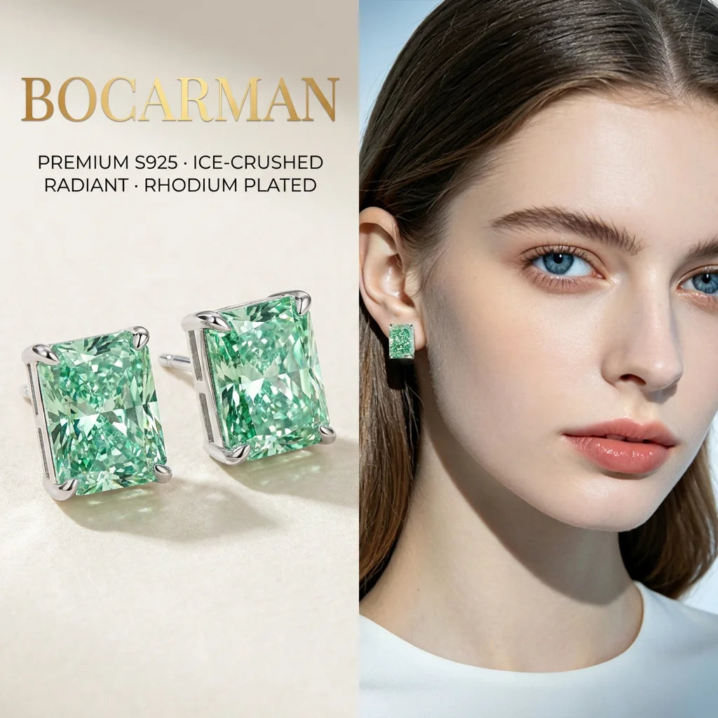 Bocarman Rectangular Ice Cut Mint Green Zircon Stud Earrings S925 Sterling Silver Rhodium Plated Fine Jewelry 8x10mm