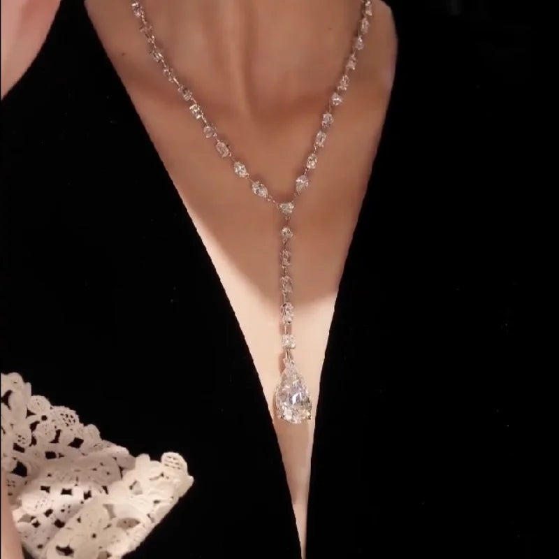 CAMEO Pendant Chain 925 Silver Synthetic Zircon White Water Drop Full Diamond Y-shaped Light Luxury WeddingJewelry Necklace