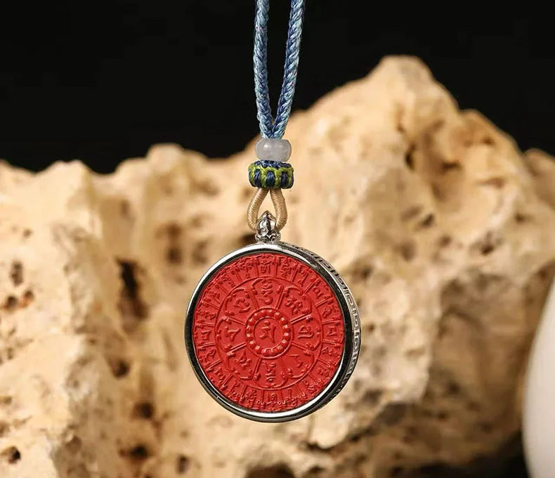 S925 Sterling Silver Inlaid Cinnabar Mandala Pendant Six True Words Necklace Chinese Style Good Luck Fortune Amulet Men Women