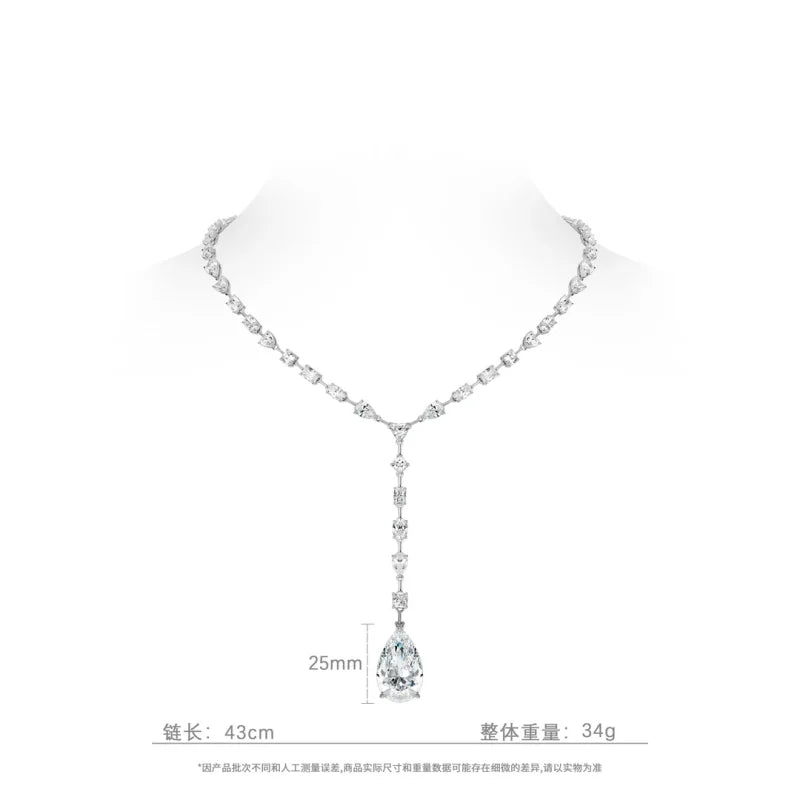 CAMEO Pendant Chain 925 Silver Synthetic Zircon White Water Drop Full Diamond Y-shaped Light Luxury WeddingJewelry Necklace