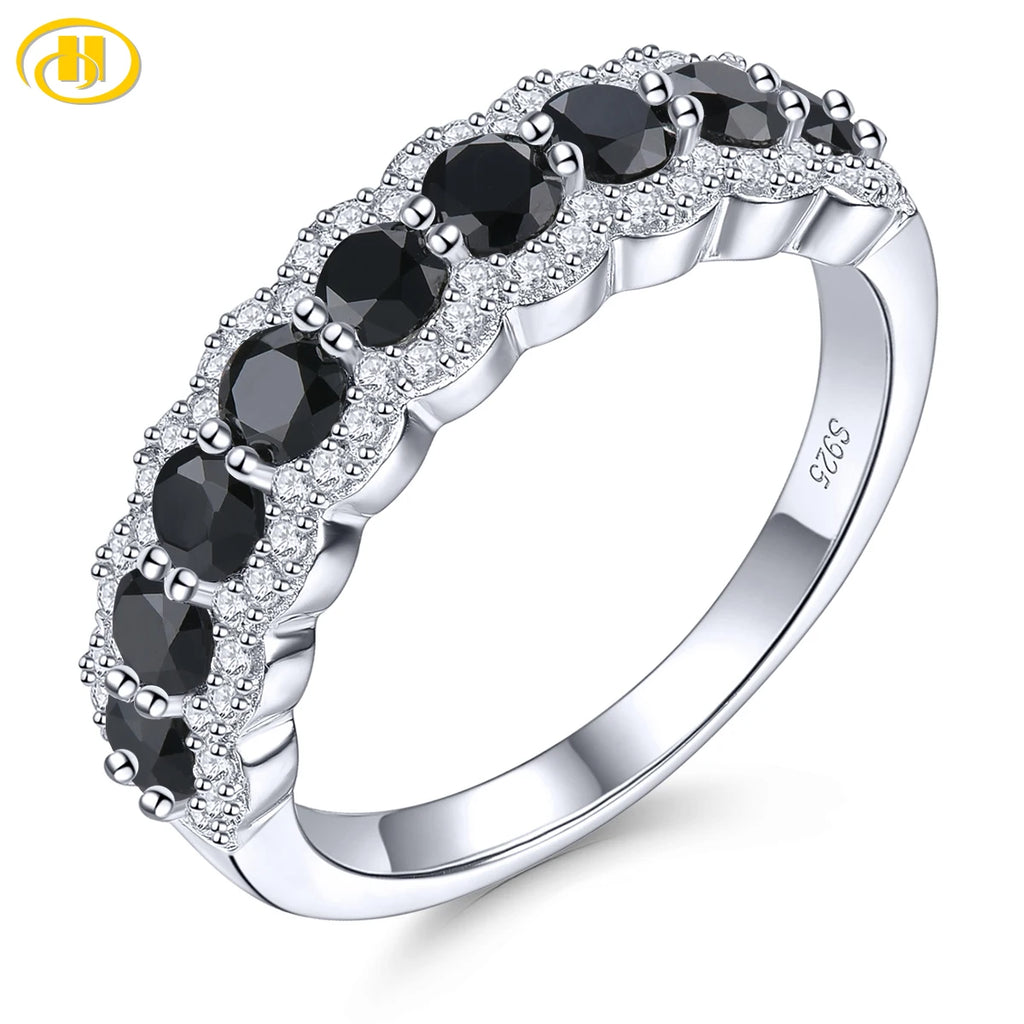 Natural Black Spinel Silver Rings 1.2 Carats Genuine Black Gemstone Faced Cutting S925 Women's Daily Birthday New Year Gifts