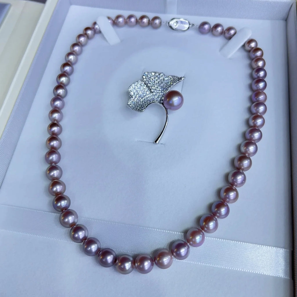 Gorgeous Necklace AAAA8-9mm Natural South Sea Purple Pearl Necklace 18in+Brooch