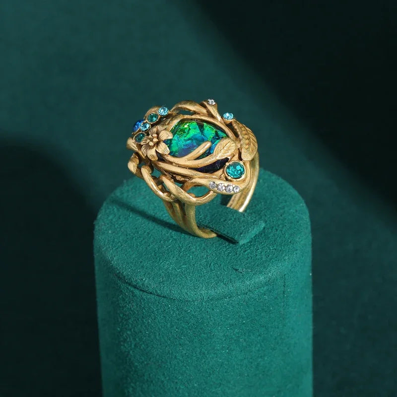 Vintage Green Abalone Shell Opal Rings Flower Branch Bohemia Antique Gold Color Luxury Jewelry For Women Accessories Wedding