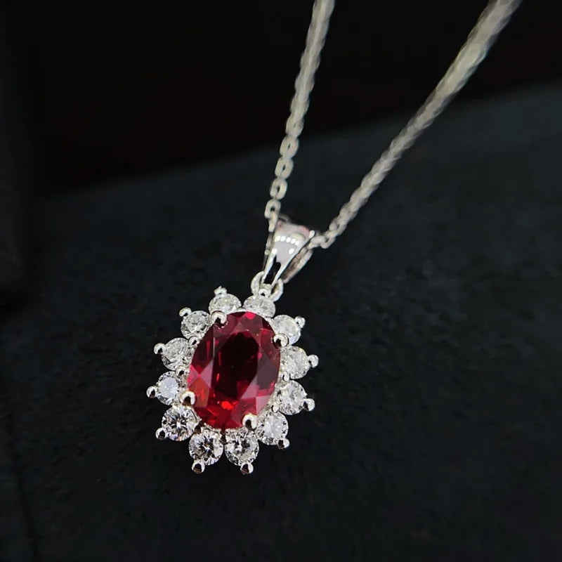 18K Yellow Gold Lab Created Ruby and Diamond Necklace Halo Style Sunflower Shaped Lab Grown Ruby Diamond Pendant Necklace