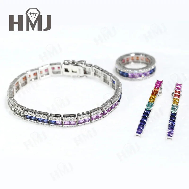 925 Sterling Silver Ring Lab Sapphire Princess Cut Rainbow Gemstones for Women Luxury Elegant Anniversary Birthday Gift Charms