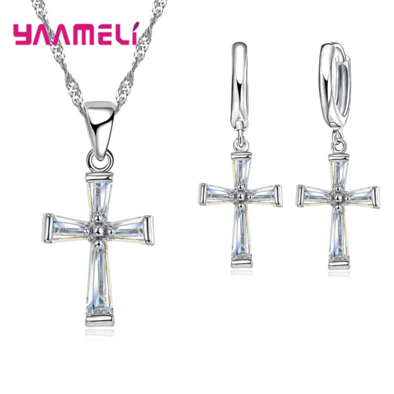 Christmas New Arrival Crystal Pendant Crucifix Real 925 Sterling Silver Necklace Drop Earrings Sets For Unisex Jewelry Xmas Eve