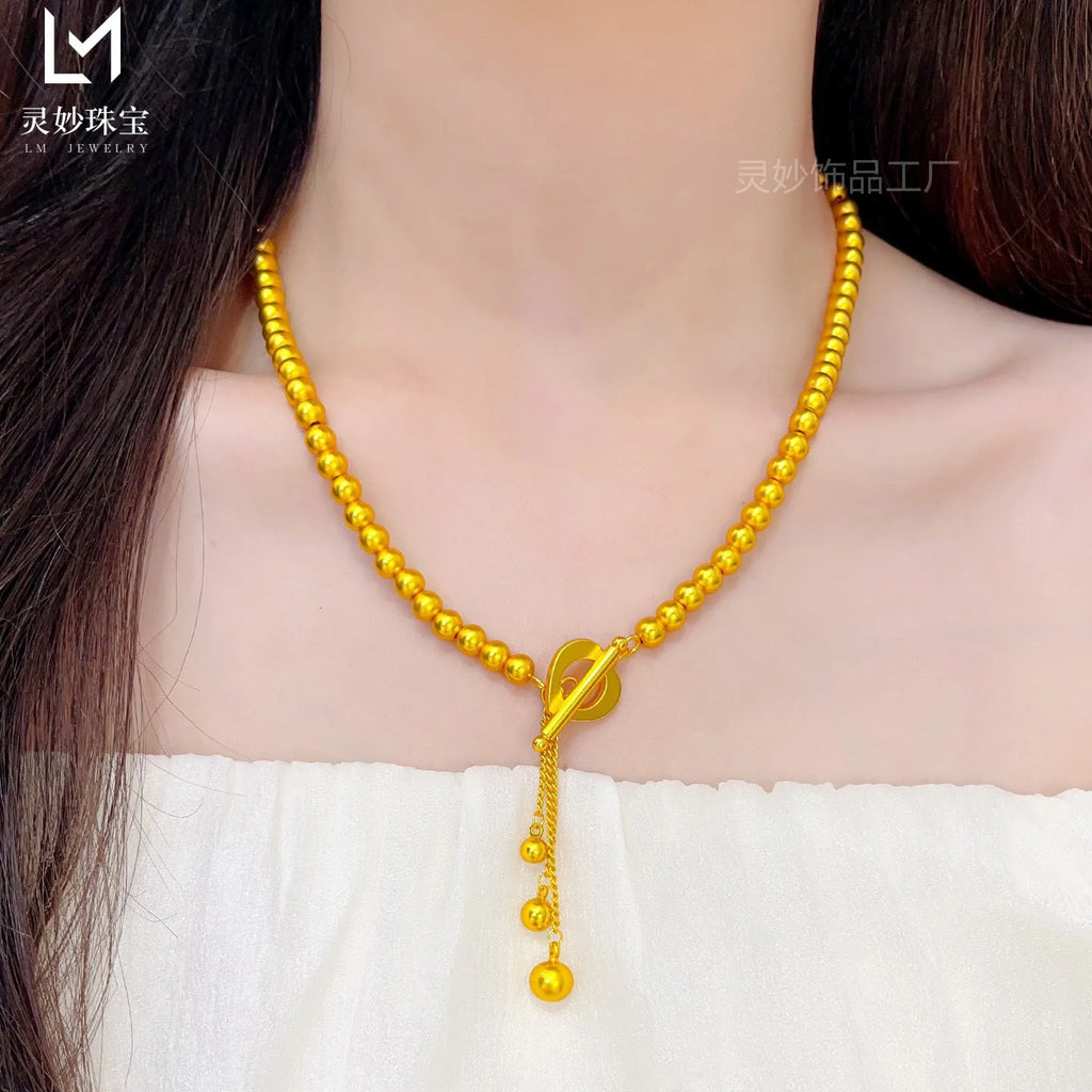9999 24K gold antique fashion round bead gold necklace women's gold jewelry
