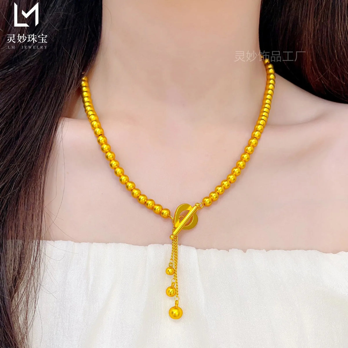 9999 24K gold antique fashion round bead gold necklace women's gold jewelry