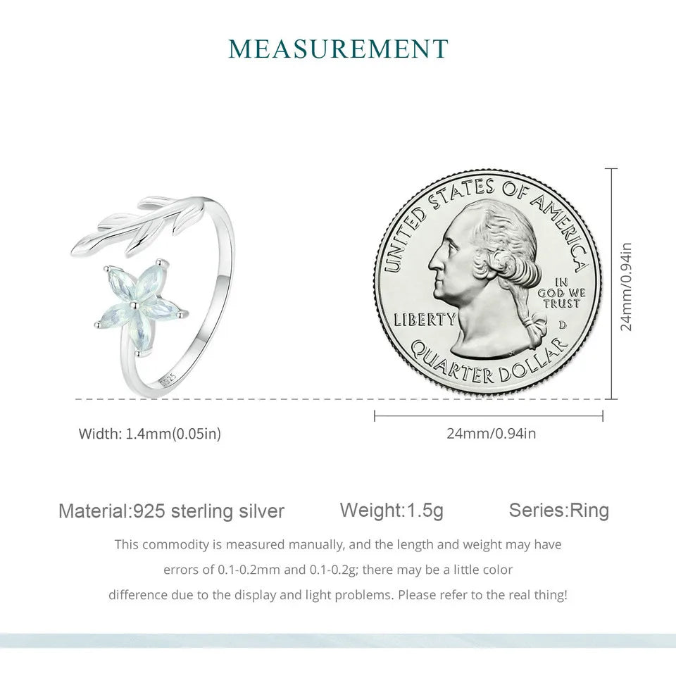 WOSTU 925 Sterling Silver Clear Green Cystal Flower Opening Ring For Women Hanmade Leaf design Stackable Rings Girl Party Gift