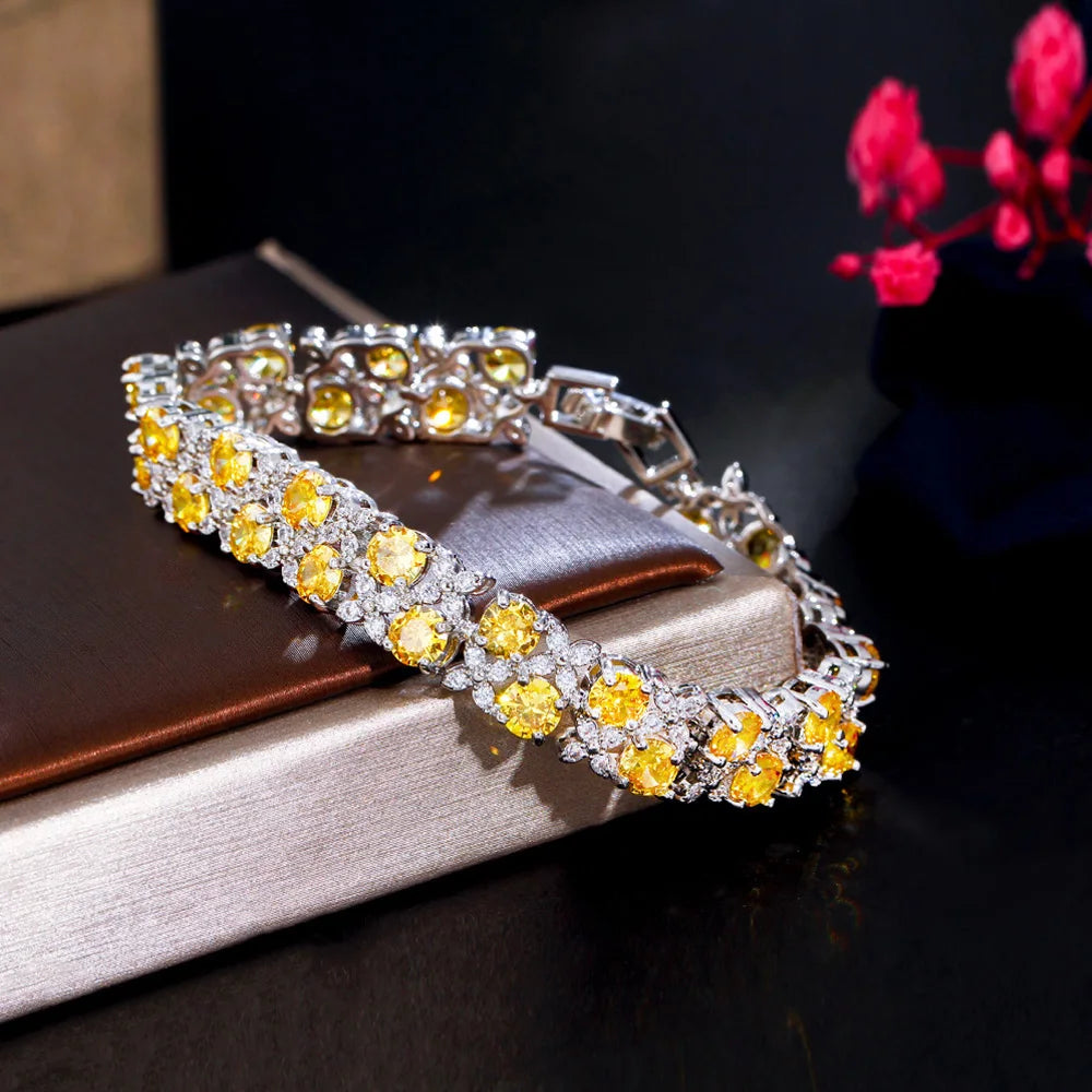 Pera Elegant Leaf and Oval Chain Link Silver Color Red Green Cubic Zirconia Bracelets for Women Fashion Jewelry Accessories B084