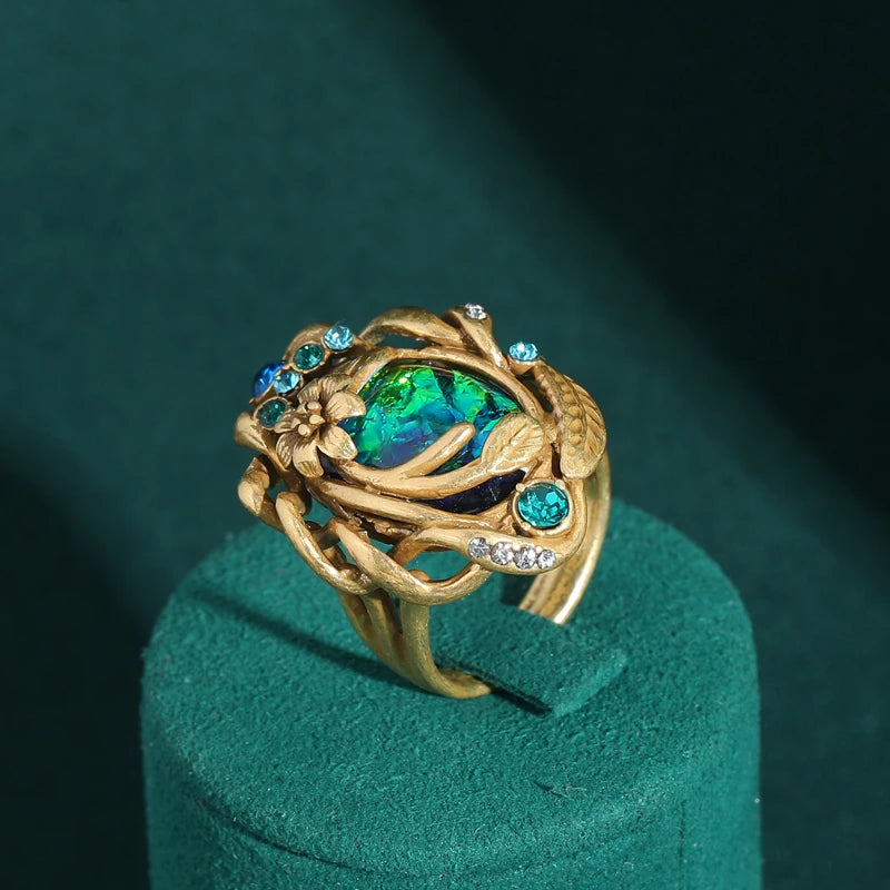 Vintage Green Abalone Shell Opal Rings Flower Branch Bohemia Antique Gold Color Luxury Jewelry For Women Accessories Wedding