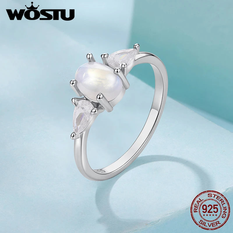 WOSTU 925 Sterling Silver Natural Oval Moonstone Ring For Women, Rainbow Three Stone Rings Engagement Anniversary Jewelry Gift