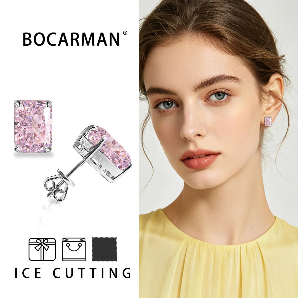 Bocarman Rectangular Ice Cut Mint Green Zircon Stud Earrings S925 Sterling Silver Rhodium Plated Fine Jewelry 8x10mm