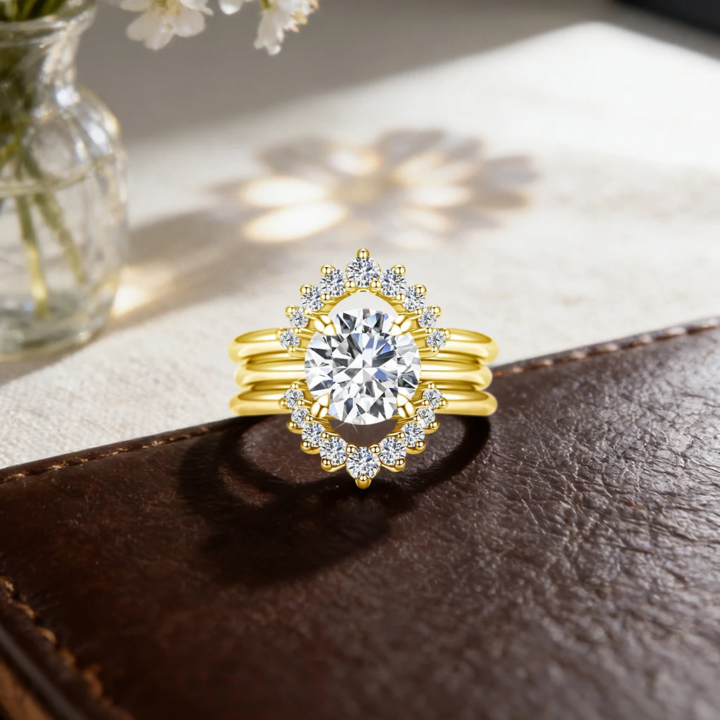 3pcs Set Stackable Rings for Women 14K Gold Filled 2 Carat Moissanite Engagement Ring Bride Wedding Jewelry Waterproof